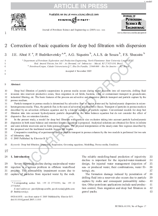 (PDF) Correction of basic equations for deep bed filtration with dispersion