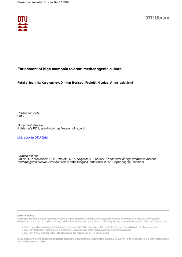 (PDF) Enrichment of high ammonia tolerant methanogenic culture