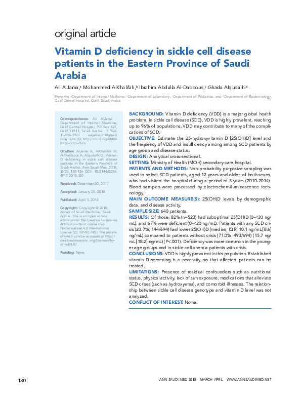 (PDF) Vitamin D deficiency in sickle cell disease patients in the ...