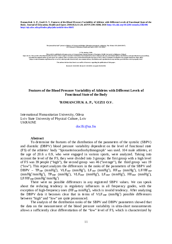 (PDF) Features of the Blood Pressure Variability of Athletes with ...
