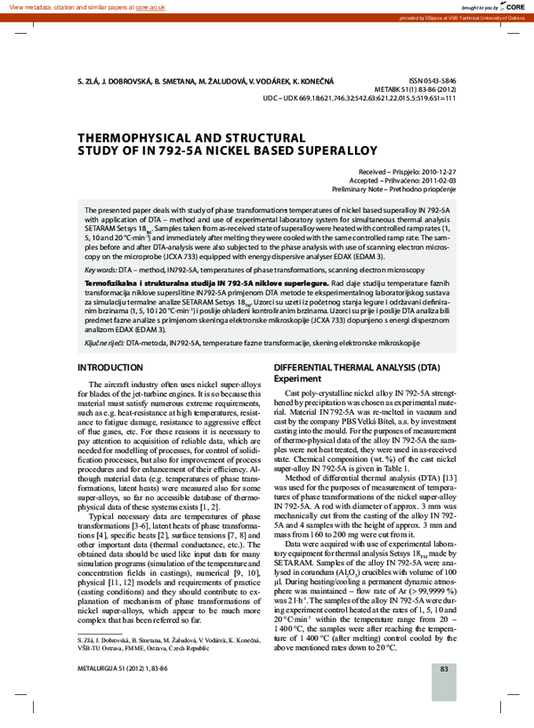 (PDF) Thermophysical and structural study of IN 792-5A nickel based ...