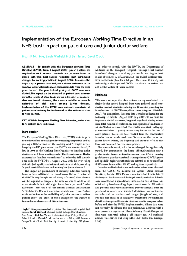 (PDF) Implementation of the European Working Time Directive in an NHS ...