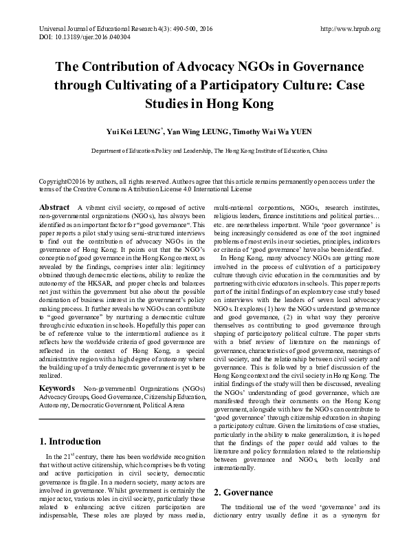 (PDF) The Contribution of Advocacy NGOs in Governance through ...