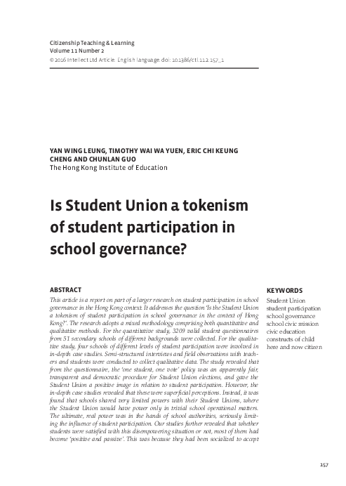 (PDF) Is Student Union a tokenism of student participation in school ...