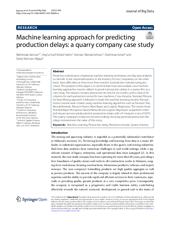 (PDF) Machine Learning Approach for Predicting Production Delays: A ...