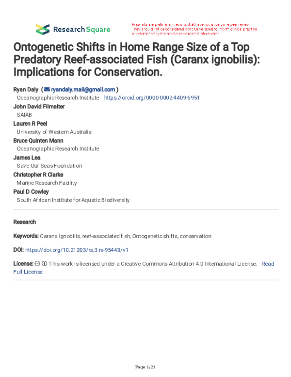 (PDF) Ontogenetic Shifts in Home Range Size of a Top Predatory Reef ...