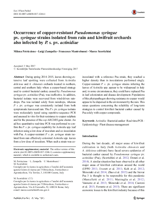 (PDF) Occurrence of copper-resistant Pseudomonas syringae pv. syringae ...