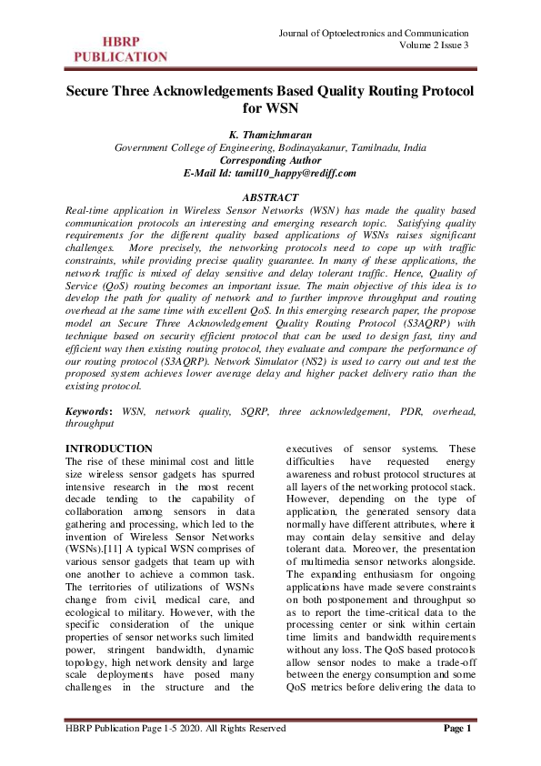 (PDF) Secure Three Acknowledgements Based Quality Routing Protocol for WSN