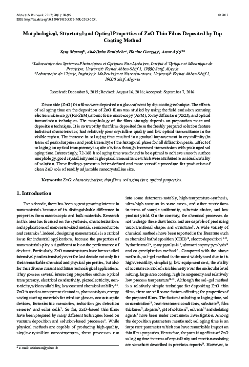 (PDF) Morphological, Structural and Optical Properties of ZnO Thin ...