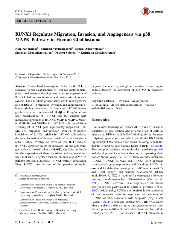 (PDF) RUNX1 Regulates Migration, Invasion, and Angiogenesis via p38 ...