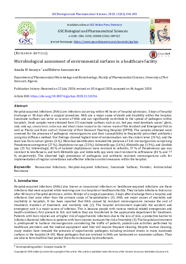 (PDF) Microbiological assessment of environmental surfaces in a ...