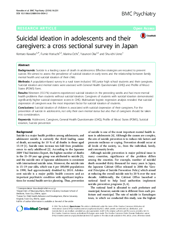 (PDF) Suicidal ideation in adolescents and their caregivers: a cross ...