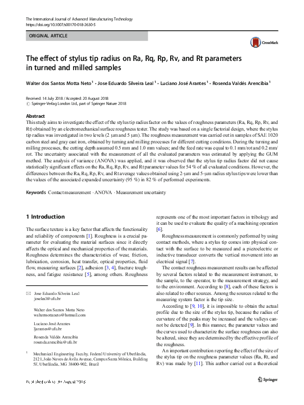 The effect of stylus tip radius on Ra, Rq, Rp, Rv, and Rt parameters in ...