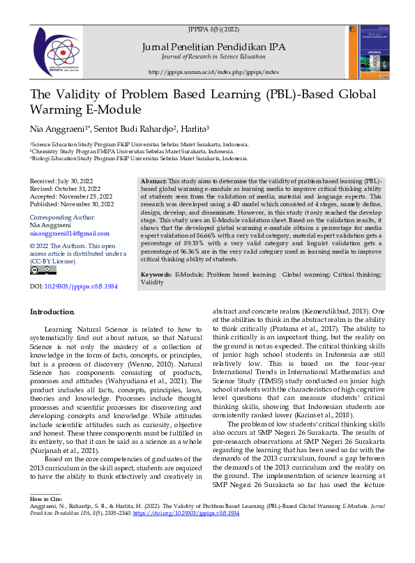 (PDF) Validity of Problem Based Learning (PBL)-Based Global Warming E ...