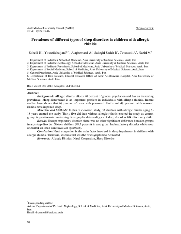 (PDF) Prevalence of different types of sleep disorders in children with ...