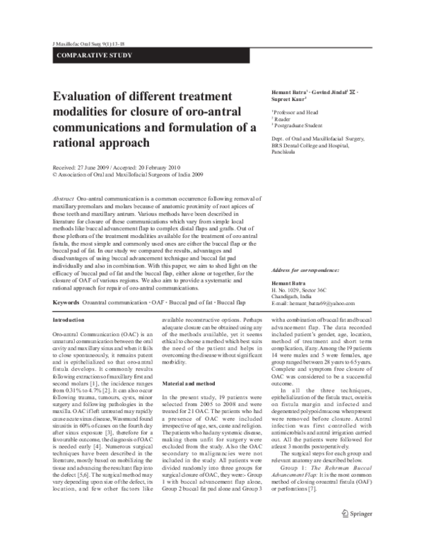 (PDF) Evaluation of different treatment modalities for closure of oro ...