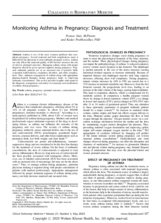 (PDF) Monitoring Asthma in Pregnancy: Diagnosis and Treatment | PRANAV ...