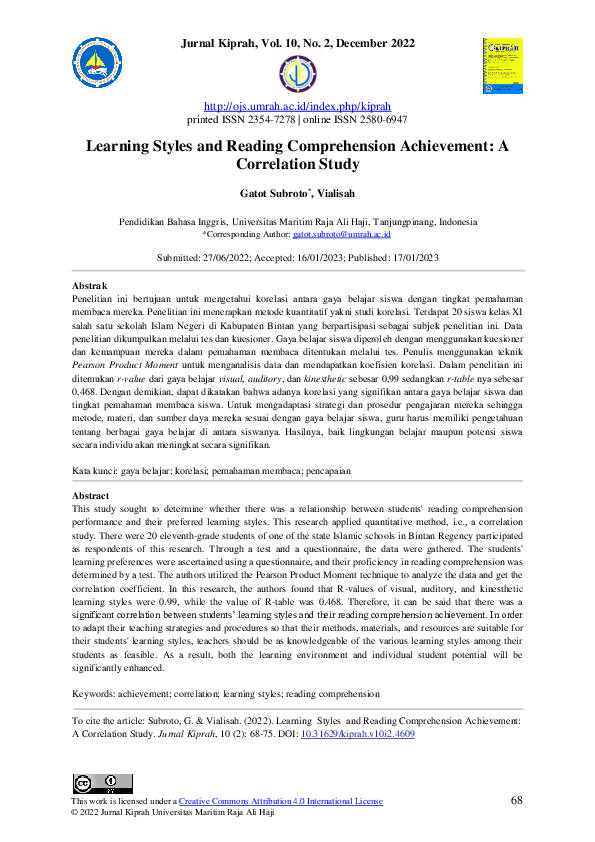 (PDF) Learning Styles and Reading Comprehension Achievement
