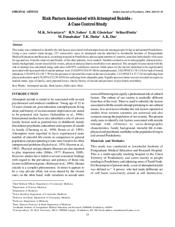 (PDF) Risk factors associated with attempted suicide : a case control study