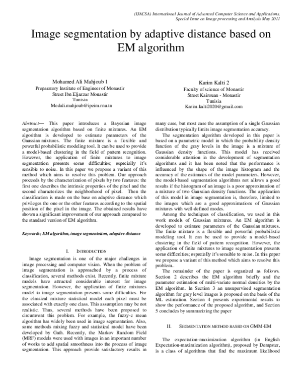 (PDF) Image segmentation by adaptive distance based on EM algorithm