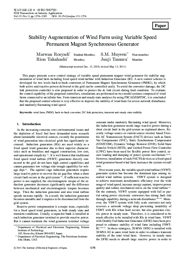 (PDF) Stability Augmentation of Wind Farm using Variable Speed ...