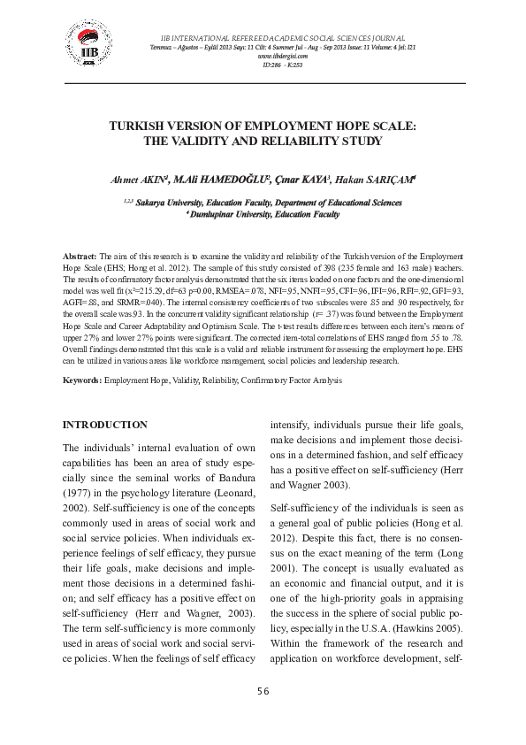 (PDF) Turkish Version of Employment Hope Scale: The Validity and ...