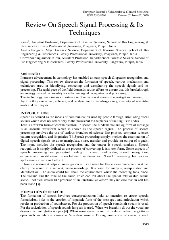 (PDF) Review On Speech Signal Processing & Its Techniques