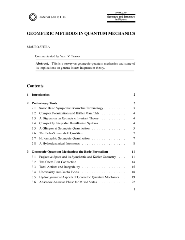 (PDF) Geometric Methods in Quantum Mechanics