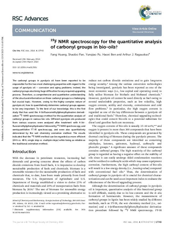 (PDF) 9 F NMR spectroscopy for the quantitative analysis of carbonyl ...