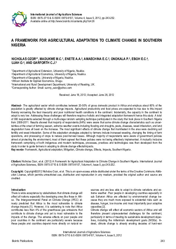 (PDF) A Framework for Agricultural Adaptation to Climate Change in ...