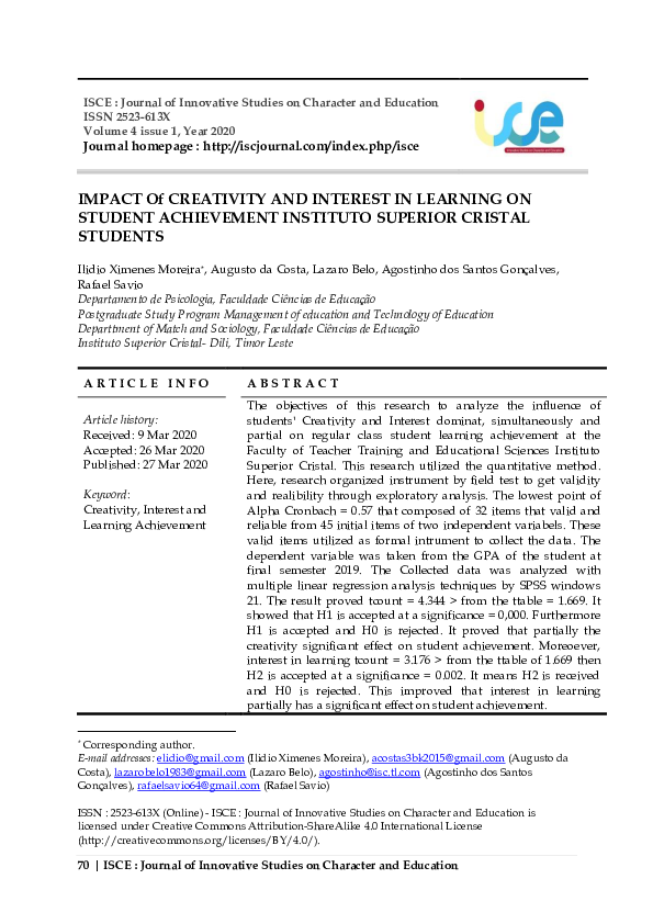 (PDF) IMPACT Of CREATIVITY AND INTEREST IN LEARNING ON STUDENT ...