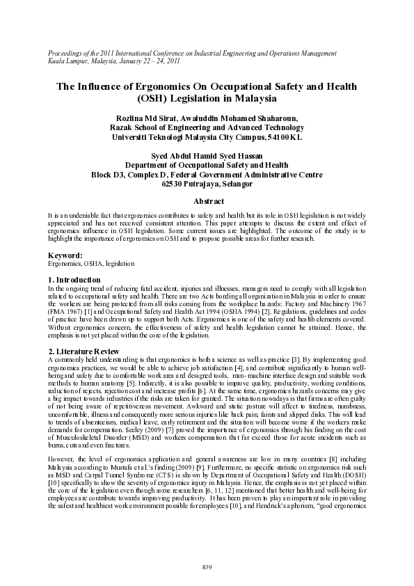 (PDF) The Influence of Ergonomics On Occupational Safety and Health ...