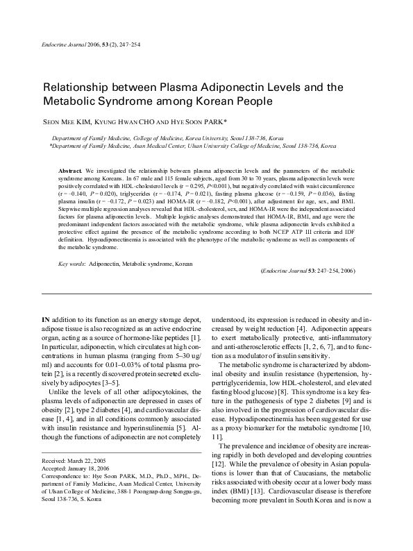 (PDF) Relationship between Plasma Adiponectin Levels and the Metabolic ...