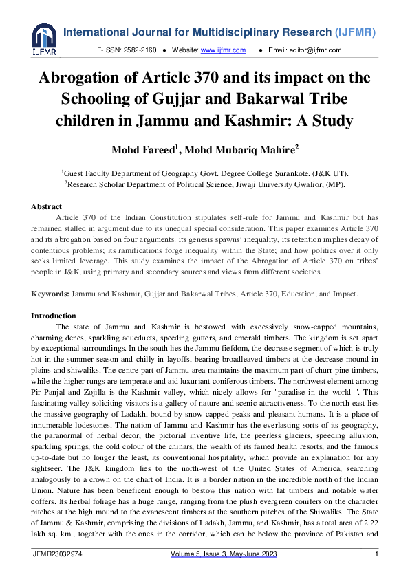 (PDF) Abrogation of Article 370 and its impact on the Schooling of ...