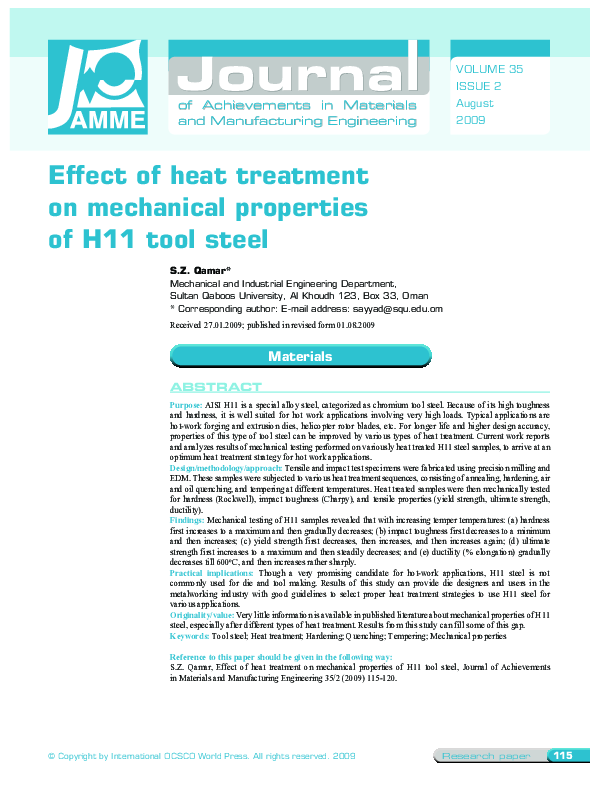(PDF) Effect of heat treatment on mechanical properties of H11 tool steel