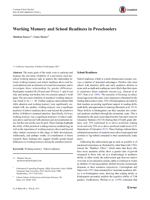 (PDF) Working memory and school readiness in preschool children with ...