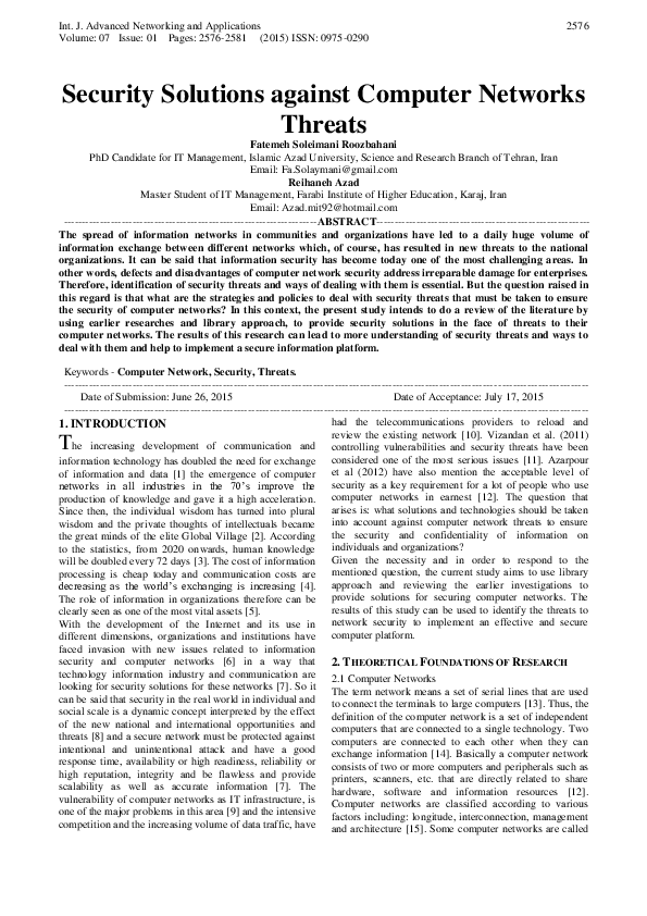 (PDF) Security Solutions against Computer Networks Threats