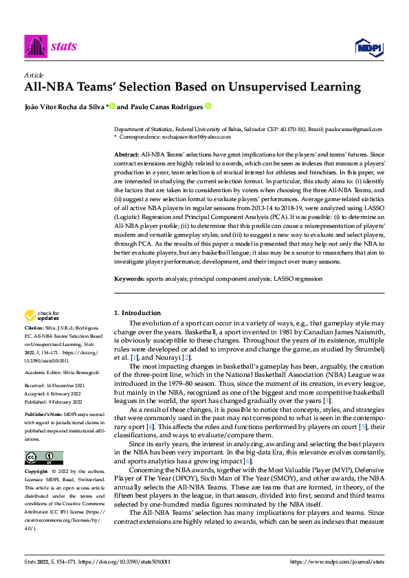 (PDF) All-NBA Teams’ Selection Based on Unsupervised Learning