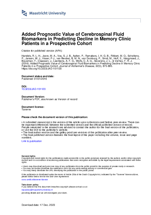 (PDF) Added Prognostic Value of Cerebrospinal Fluid Biomarkers in ...