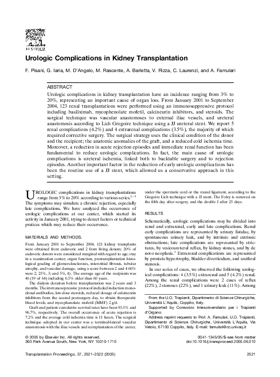 (PDF) Urologic Complications in Kidney Transplantation
