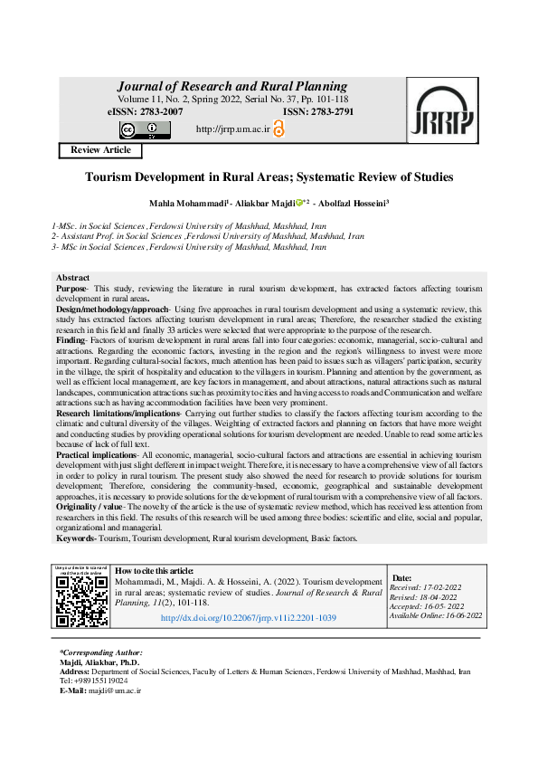 (PDF) Tourism Development in Rural Areas; Systematic Review of Studies