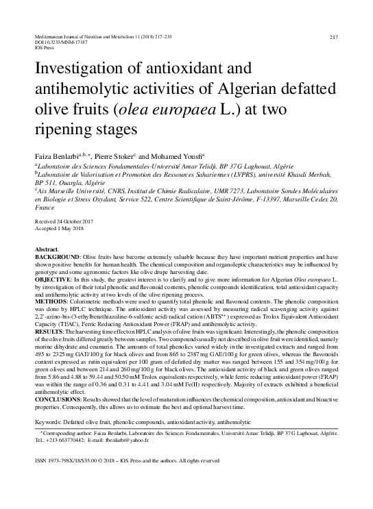 (PDF) Investigation of antioxidant and antihemolytic activities of ...