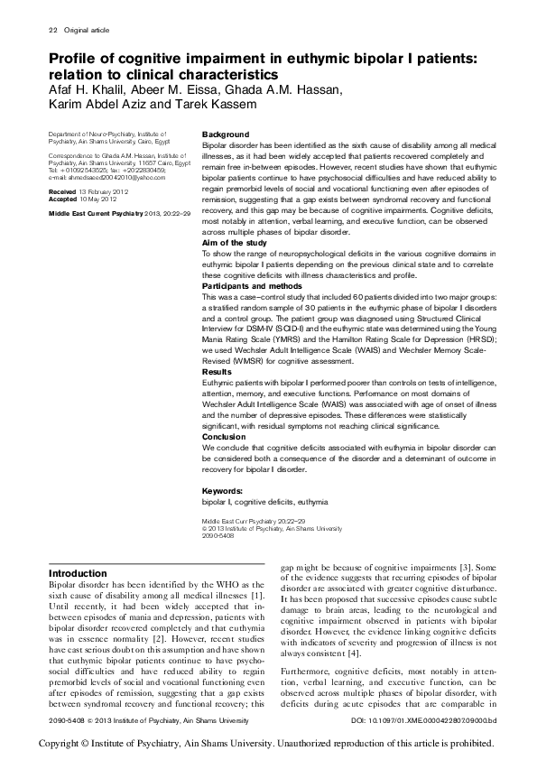 (PDF) Profile of cognitive impairment in euthymic bipolar I patients