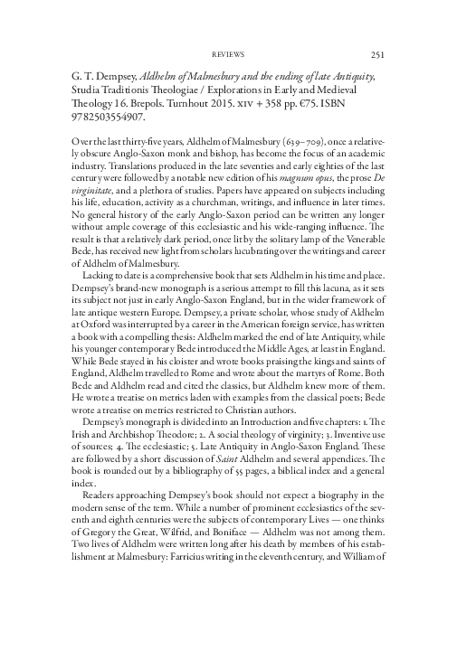 (PDF) G. T. Dempsey, Aldhelm of Malmesbury and the ending of late Antiquity