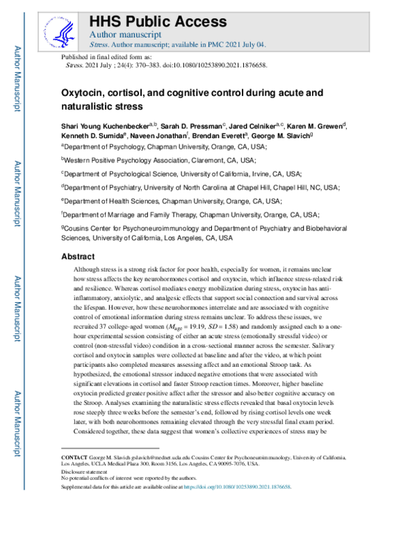 (PDF) Oxytocin, cortisol, and cognitive control during acute and