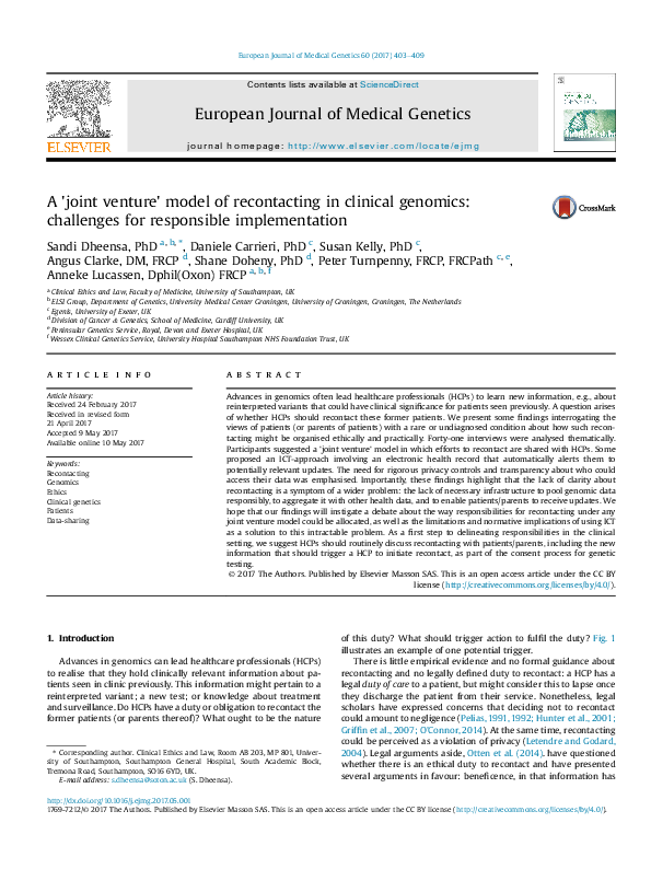 (PDF) A 'joint venture' model of recontacting in clinical genomics ...