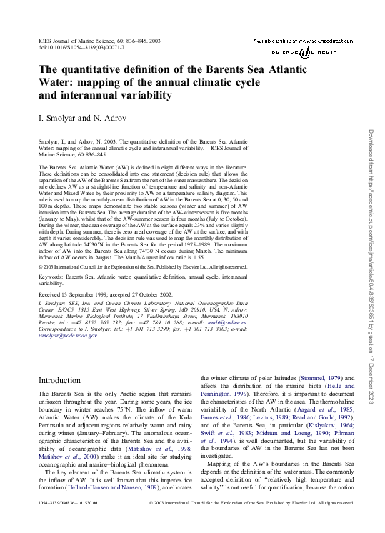 (PDF) The quantitative definition of the Barents Sea Atlantic Water ...