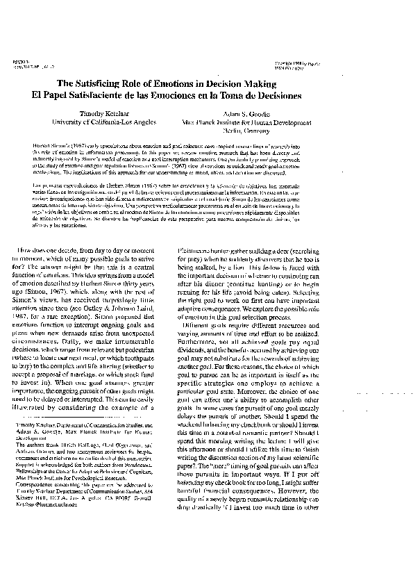 (PDF) El Papel Satisfaciente de las Emociones en la Toma de Decisiones