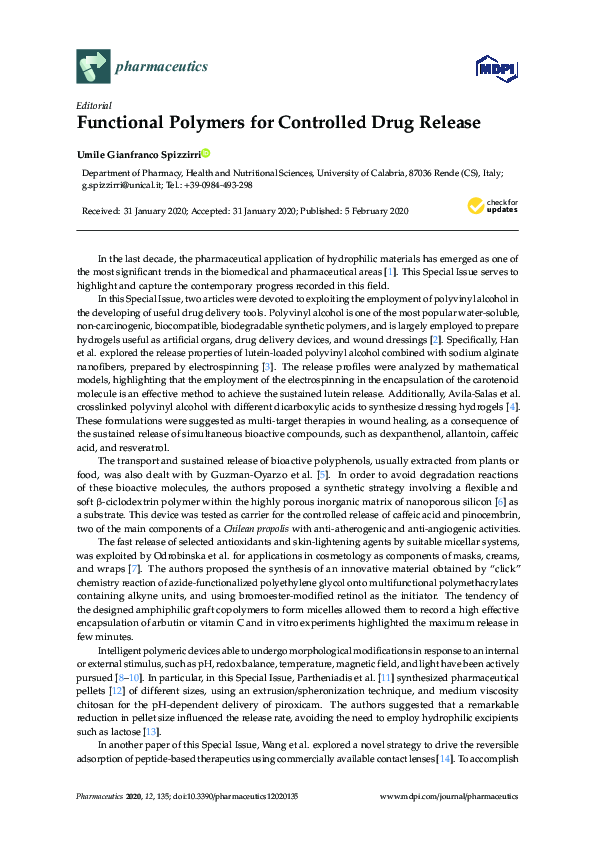 (PDF) Functional Polymers for Controlled Drug Release