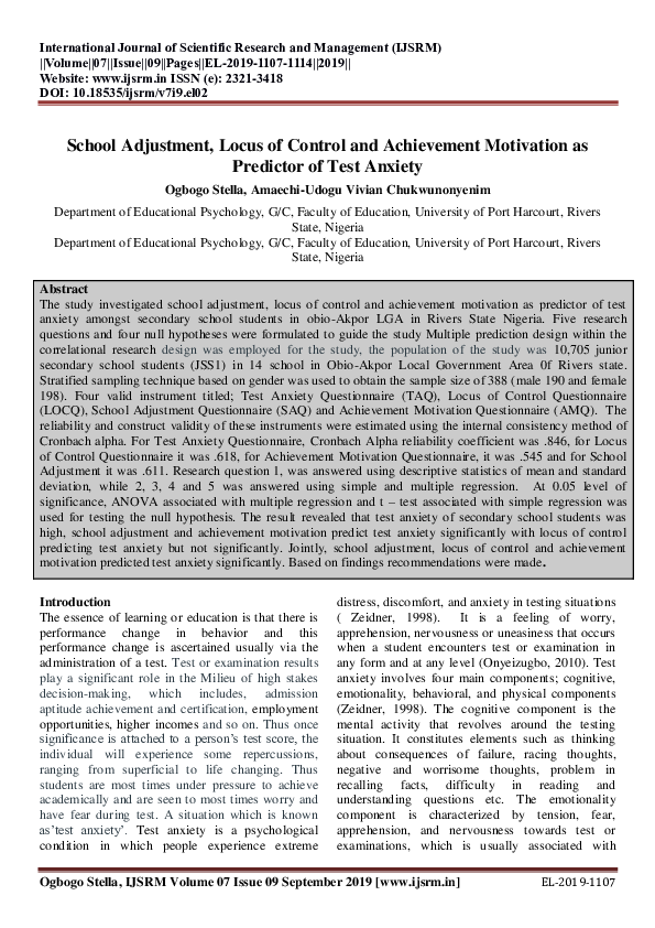 (PDF) School Adjustment, Locus of Control and Achievement Motivation as ...